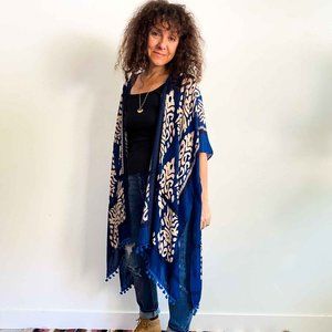 Navy Damask Printed Kimono with Pom Poms